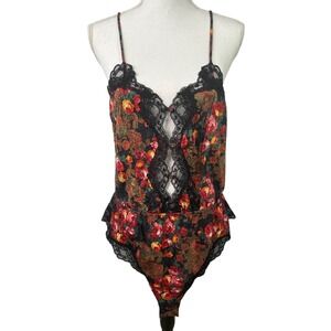 Floral Lace Bodysuit Black Mesh Lingerie Teddy One Piece Size Small